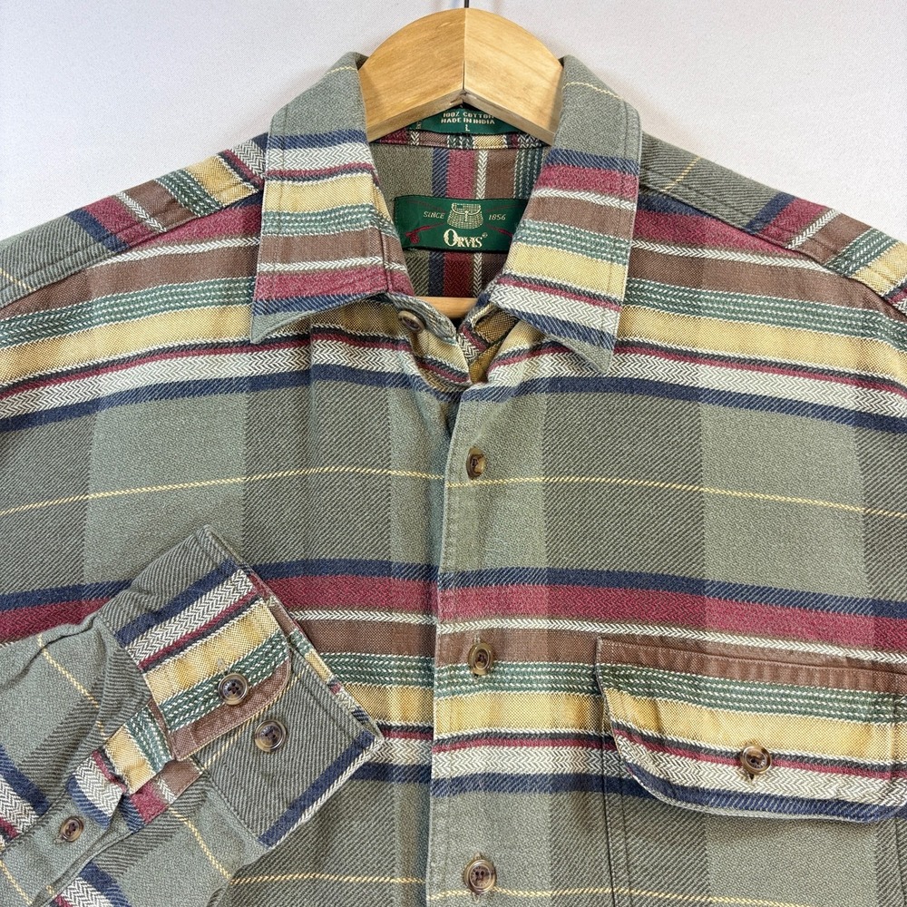 Orvis Heavyweight Flannel Shirt Men's L Green Plaid Cotton Button Up 90s Outdoor
